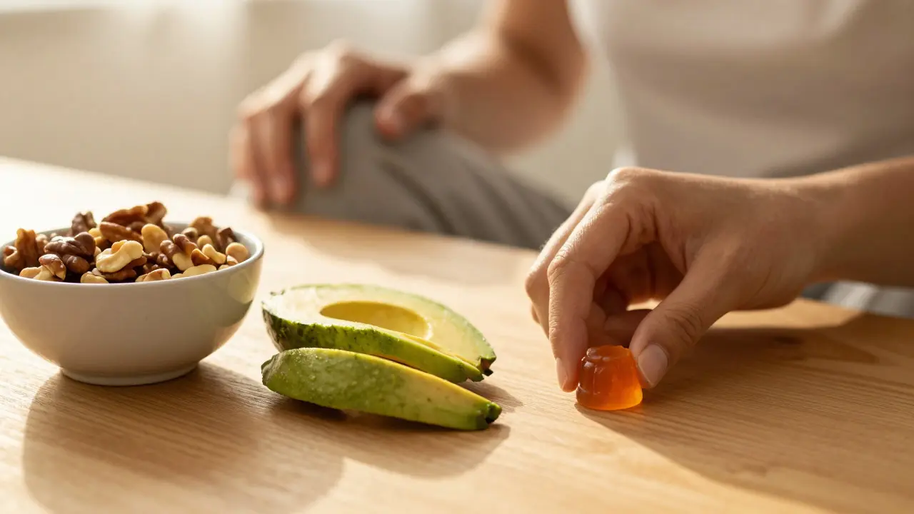 Nüsse und Avocado neben CBD Gummy für bessere Aufnahme