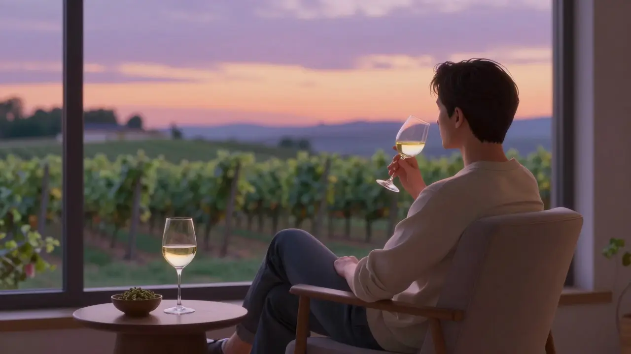 Person entspannt im Sessel am Fenster bei Sonnenuntergang mit einem Glas Wein