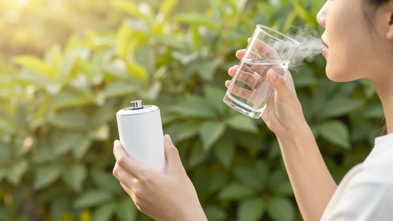 Person im Freien mit Wasserglas und Vaporizer, was auf Hydration und schonende Inhalation hinweist.