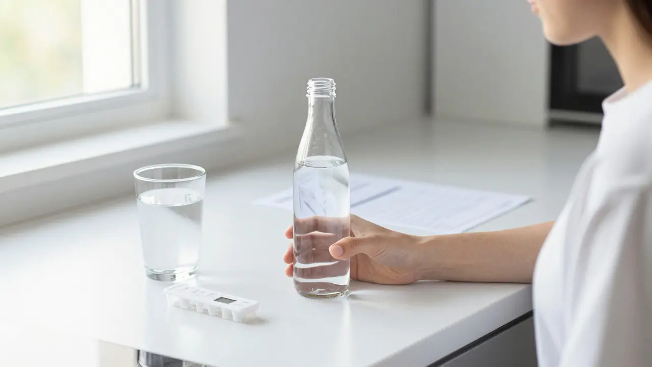 Person mit CBD-Wasserflasche und Hydrationstipps auf Küchenarbeitsplatte