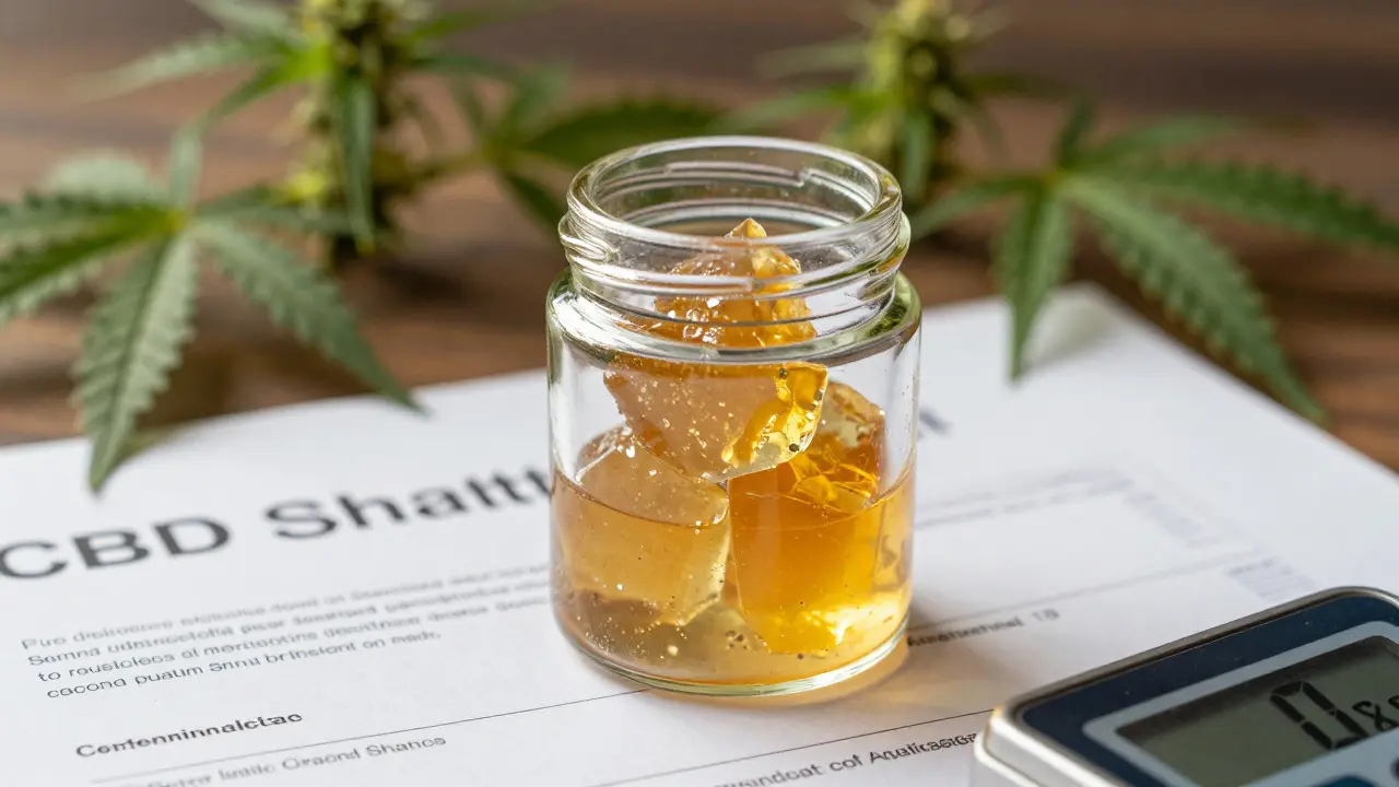 Premium CBD-Shatter im Glas mit Laborzertifikat und Waage