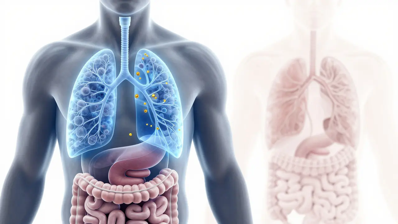 Stylized illustration of CBD molecules entering bloodstream via lungs
