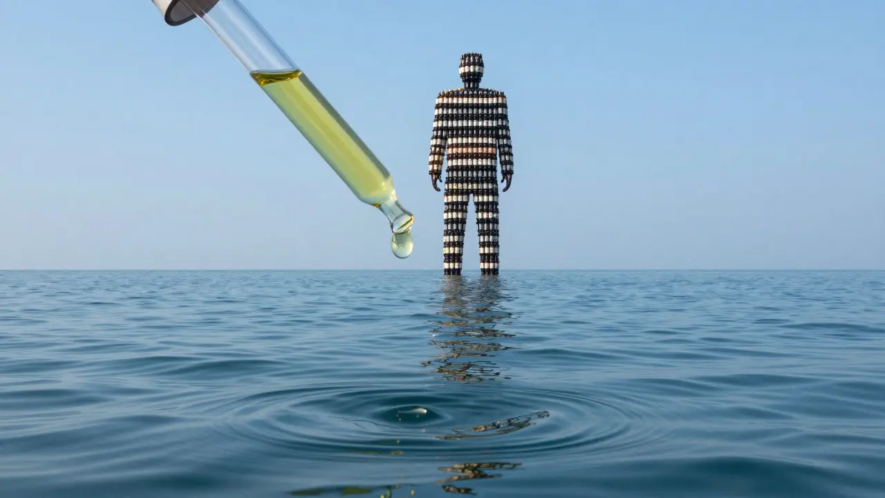 Surrealistisches Bild: Ein Tropfen Thujon fällt in einen Ozean, im Hintergrund riesige Flaschenstapel
