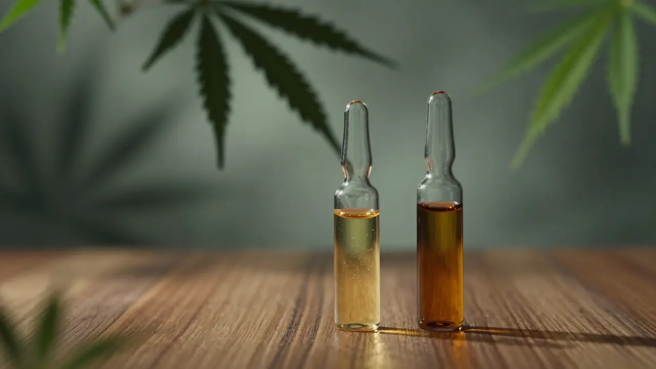 Zwei Glasflaschen mit verschiedenen Ölfarben auf einem Holztisch, umgeben von nebligen Hanfblättern