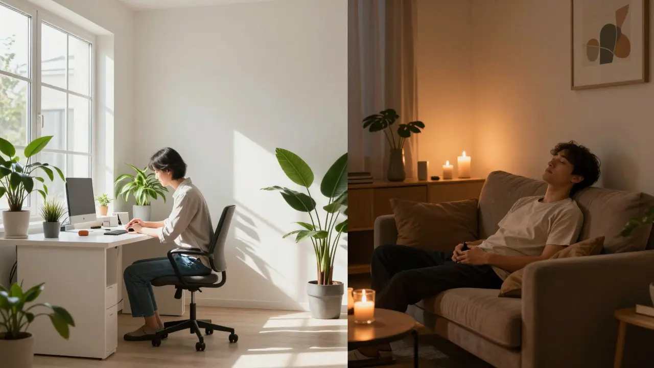 Zwei Szenarien: Konzentration am Tag im hellen Büro und tiefe Entspannung abends im dunklen Wohnzimmer
